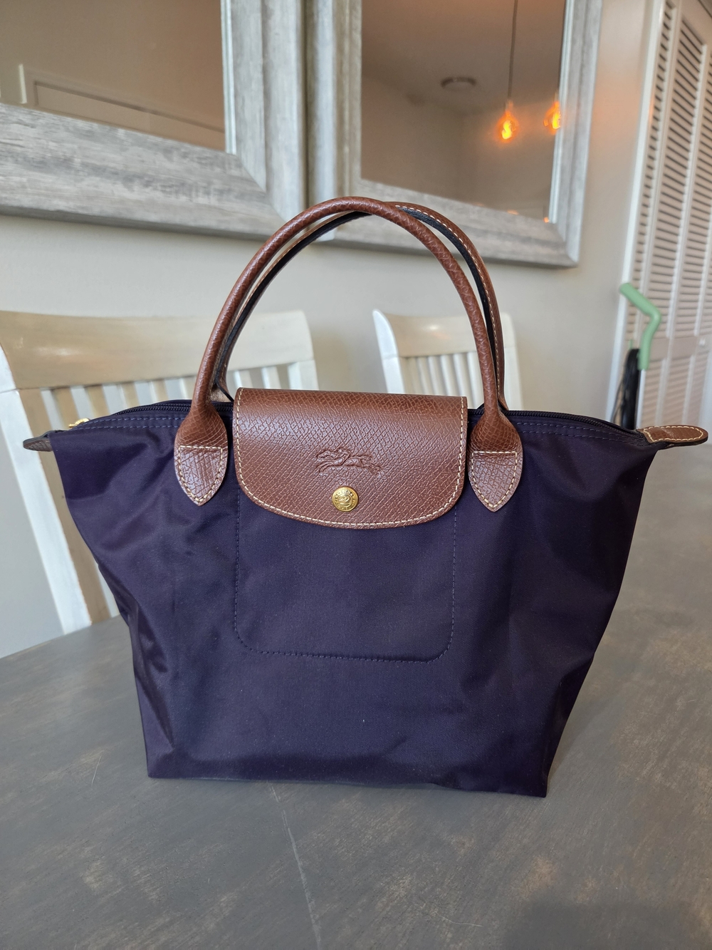 Longchamp Le Pliage Small Tote in Purple with Brown Leather